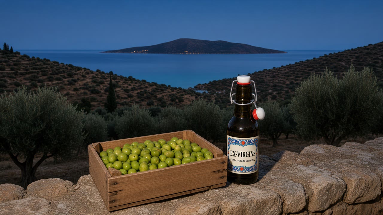 Olive groves at dusk running down to a turquoise sea, with an island on the horizon. In front, a crate of green olives and an Ex-Virgins bottle stand on a stone wall.