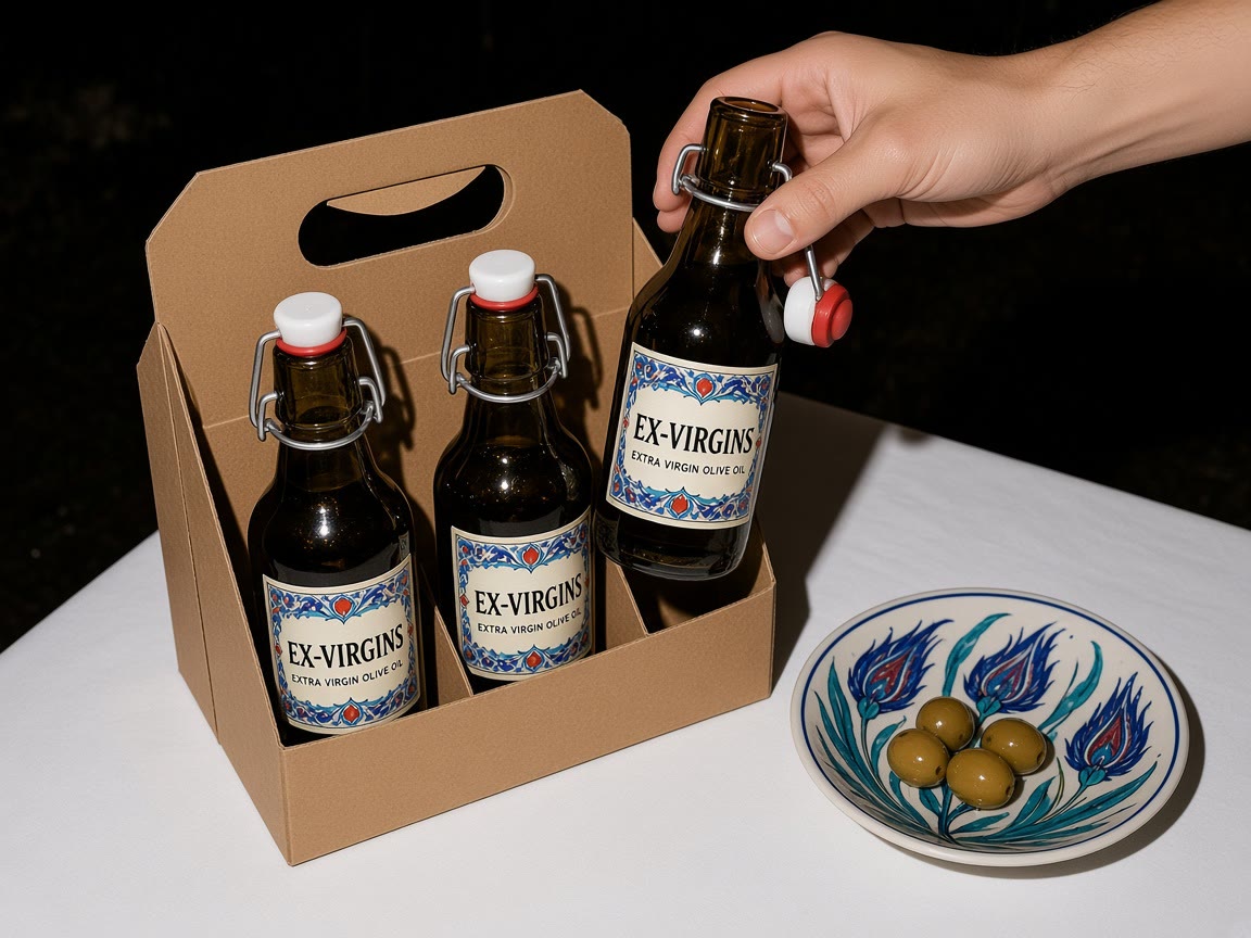 A hand lifts an open Ex-Virgins bottle out of a cardboard six-pack carrier. Its porcelain swing-top hangs from the wire. A tulip-painted plate of green olives sits beside it.